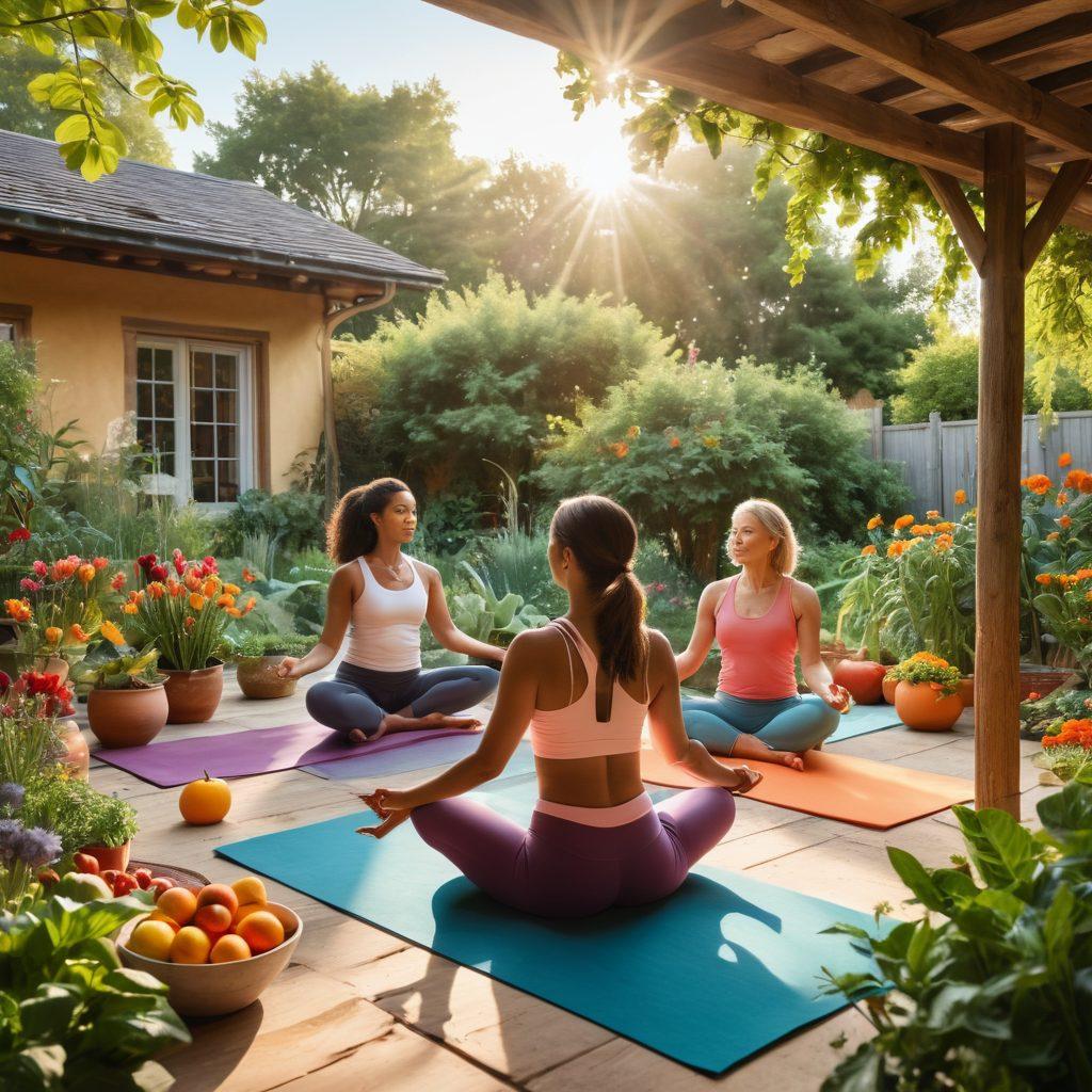 A serene and uplifting scene featuring a diverse group of individuals engaging in various holistic health activities, such as yoga in a sunlit garden, vibrant fruits and vegetables in a colorful display, and a supportive group discussion in a cozy setting. The image should convey hope, resilience, and community, with gentle pastel tones and warm lighting enhancing the peaceful atmosphere. super-realistic. vibrant colors. natural setting.