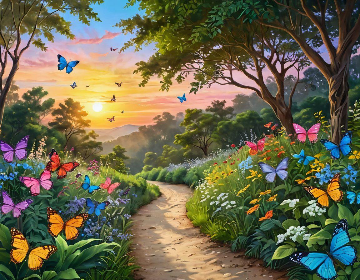 A serene landscape symbolizing a journey, with a winding path leading through lush greenery towards a radiant sunrise, representing hope. Along the path, there are supportive hands reaching towards each other, signifying community and support for cancer survivors. In the foreground, delicate butterflies flutter, symbolizing transformation and resilience. The colors should be vibrant and uplifting, creating a sense of empowerment. painting. vibrant colors.