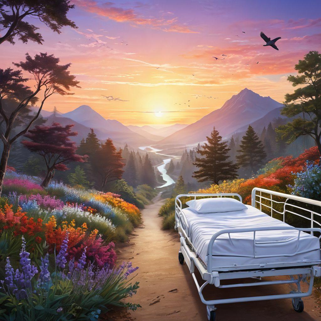 A serene landscape depicting a journey from darkness to light, symbolizing hope in cancer treatment. The left side shows a patient in a hospital bed, transitioning to vibrant colors and healthy flora as they walk toward a glowing sunrise. Include elements of modern medicine, like DNA strands and healing hands, merging with nature. super-realistic. vibrant colors. healing theme.